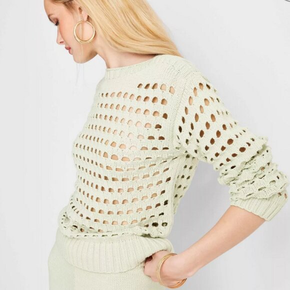 Jenee Naylor Crewneck Open Stitch Sweater NWT Future Collective Light Green - Picture 3 of 9